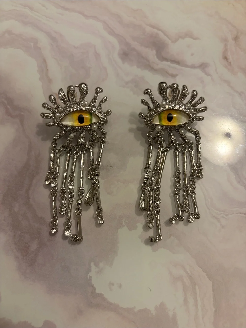 Statement Silver Eye Dangle Earrings with Yellow Accent